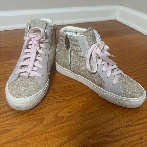 Vintage Havana Hailey High Washed Glitter Sneakers with Star Studs & Pink Laces - Picture 3 of 8